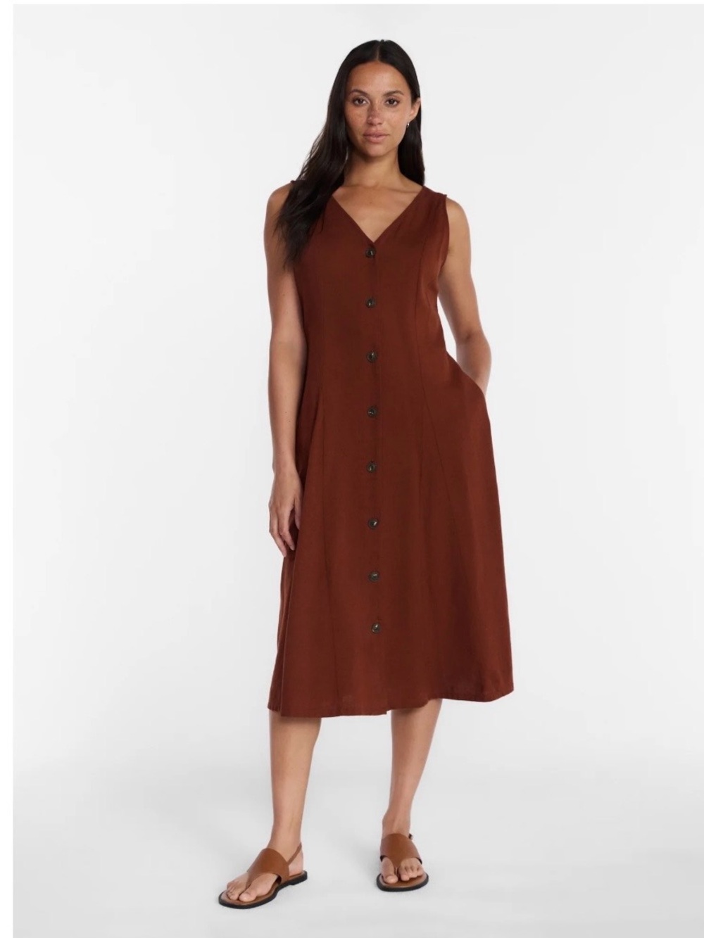 Time and Tru Brown Button-Front V-Neck Midi Dress